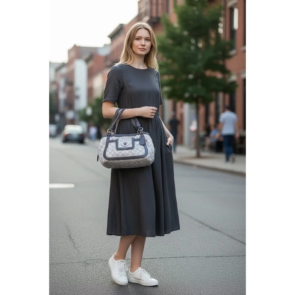 Coach Penelope Signature Grey Jacquard Canvas Leather Shoulder Bag F14934